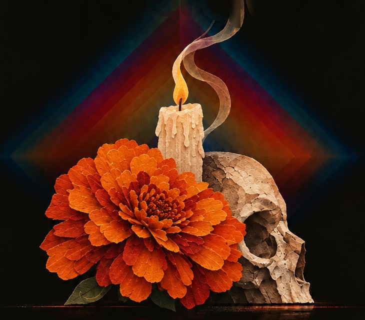 A marigold, a lit candle and a skull in front of a glowing prism